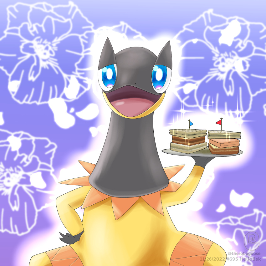 artist_name, black_skin, blue_eyes, colored_skin, dated, floral_background, heliolisk, highres