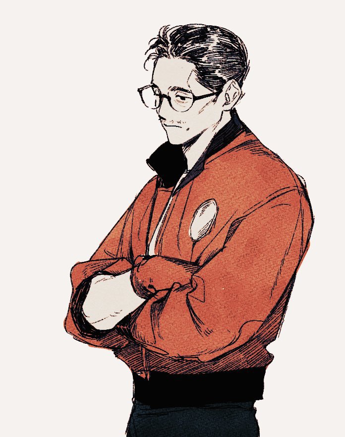 1boy, black-framed_eyewear, black_hair, crossed_arms, disco_elysium, expressionless, facial_hair, glasses