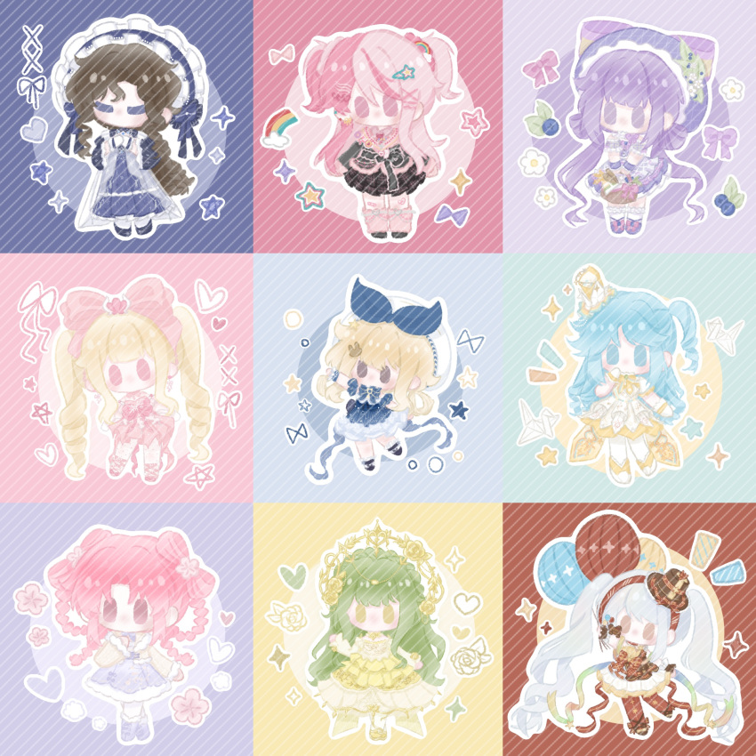 6+girls, absurdly_long_hair, absurdres, artist_request, back_bow, balloon, bare_shoulders, basket, beret, black_bow, black_jacket, black_shoes, black_skirt, black_wrist_cuffs, blonde_hair, blubber, blue_bow, blue_bowtie, blue_brooch, blue_collar, blue_dress, blue_eyes, blue_hair, blue_hairband, blue_shoes, blue_sleeves, blue_wrist_cuffs, boots, bow, bow-shaped_hair, bowtie, braid, braided_hair_rings, brooch, brown_dress, brown_eyes, brown_hair, brown_hat, bubbly_voyage_(infinity_nikki), chibi, chinese_commentary, circle, closed_eyes, coattails, collar, collared_shirt, commentary_request, commission, country_lolita, dance_till_dawn_(infinity_nikki), detached_collar, detached_sleeves, dress, drill_hair, flower, footwear_bow, frilled_bow, frilled_dress, frilled_gloves, frilled_hairband, frilled_headwear, frilled_skirt, frilled_sleeves, frilled_socks, frilled_wrist_cuffs, frills, fur-trimmed_boots, fur-trimmed_dress, fur-trimmed_jacket, fur-trimmed_sleeves, fur_leg_warmers, fur_trim, gloves, green_hair, grey_hair, gyaru, hair_bow, hair_ornament, hair_rings, hair_scrunchie, hairband, hairclip, hand_on_own_cheek, hand_on_own_chest, hand_on_own_face, hat, hat_bow, hat_ornament, head_tilt, heart, heart_hair_ornament, highres, holding, holding_balloon, holding_basket, infinity_nikki, jacket, jewelry, knee_boots, kneehighs, large_bow, layered_dress, leaf_hair_ornament, leg_ribbon, leg_warmers, lolita_fashion, long_dress, long_hair, long_sidelocks, long_sleeves, low_ponytail, low_twin_braids, mary_janes, medium_dress, mini_hat, mini_top_hat, miniskirt, mob_cap, multicolored_hair, multiple_girls, multiple_persona, necktie, nikki_(nikki), nikki_(series), no_mouth, notice_lines, one_side_up, origami, outline, outstretched_arms, own_hands_together, pantyhose, paper_crane, parallel_hairclips, pink_bow, pink_bowtie, pink_dress, pink_eyes, pink_hair, pink_leg_warmers, pink_necktie, pink_ribbon, pink_ribbon_waltz_(infinity_nikki), pink_scrunchie, pink_shirt, pink_shoes, pleated_dress, ponytail, praying, puffy_long_sleeves, puffy_short_sleeves, puffy_sleeves, purple_boots, purple_bow, purple_bowtie, purple_dress, purple_hat, purple_shoes, purple_sleeves, purple_wrist_cuffs, rabbit_hair_ornament, rainbow_hair, red_bow, red_bowtie, red_hairband, red_pantyhose, ribbon, rosie_sweetheart_(infinity_nikki), scrunchie, second-party_source, see-through_clothes, see-through_dress, shell, shell_hair_ornament, shirt, shoes, short_dress, short_sleeves, sidelocks, skirt, sleeveless, sleeveless_dress, snowy_fragrance_(infinity_nikki), socks, solid_oval_eyes, sparkle, split-color_hair, standing, star_(symbol), star_hair_ornament, starfall_radiance_(infinity_nikki), strapless, strapless_dress, striped_bow, striped_bowtie, striped_clothes, stuffed_animal, stuffed_toy, teddy_bear, top_hat, twin_braids, twin_drills, twintails, two-tone_wrist_cuffs, two_side_up, very_long_hair, violet_eyes, waist_bow, watermark, watermark_grid, wavy_hair, whispers_of_bliss_(infinity_nikki), white_dress, white_flower, white_gloves, white_hat, white_outline, white_pantyhose, white_socks, white_wrist_cuffs, wide_sleeves, wings_of_wishes_(infinity_nikki), wishful_aurosa_(infinity_nikki), wrist_cuffs, x_hair_ornament, y2k_fashion, yellow_bow, yellow_bowtie, yellow_dress, yellow_eyes, yellow_jacket, yellow_shoes