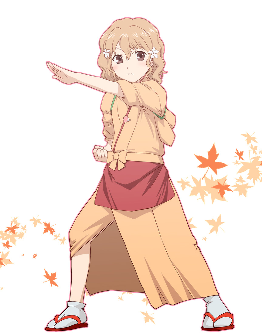 brown_eyes, brown_hair, crossover, flower, footwear, frown, hair_flower, hair_ornament