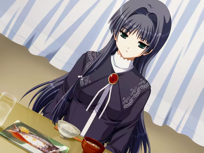 1girl, black_dress, black_hair, closed_mouth, curtains, doko_e_iku_no_ano_hi, dress, expressionless