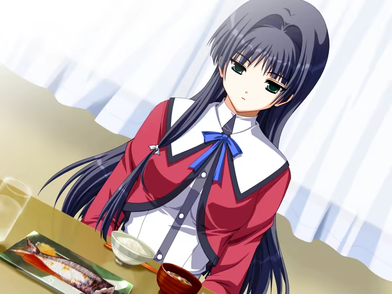 1girl, black_hair, closed_mouth, curtains, doko_e_iku_no_ano_hi, dutch_angle, expressionless, food