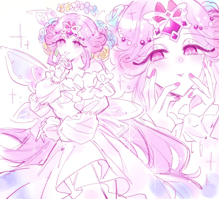 1girl, arm_support, bare_shoulders, blue_flower, blue_rose, blush, bright_pupils, butterfly_wings
