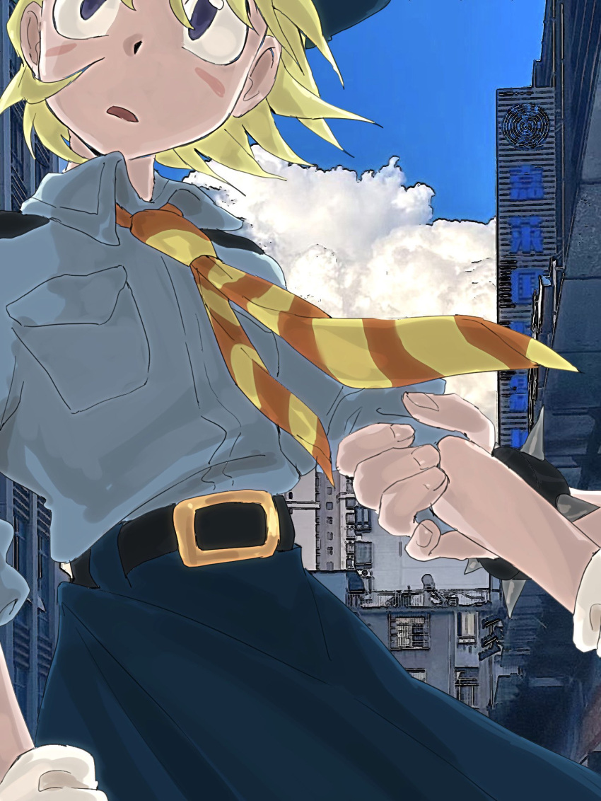 2girls, belt, blonde_hair, blue_eyes, blue_shirt, blue_skirt, blush_stickers, bracelet