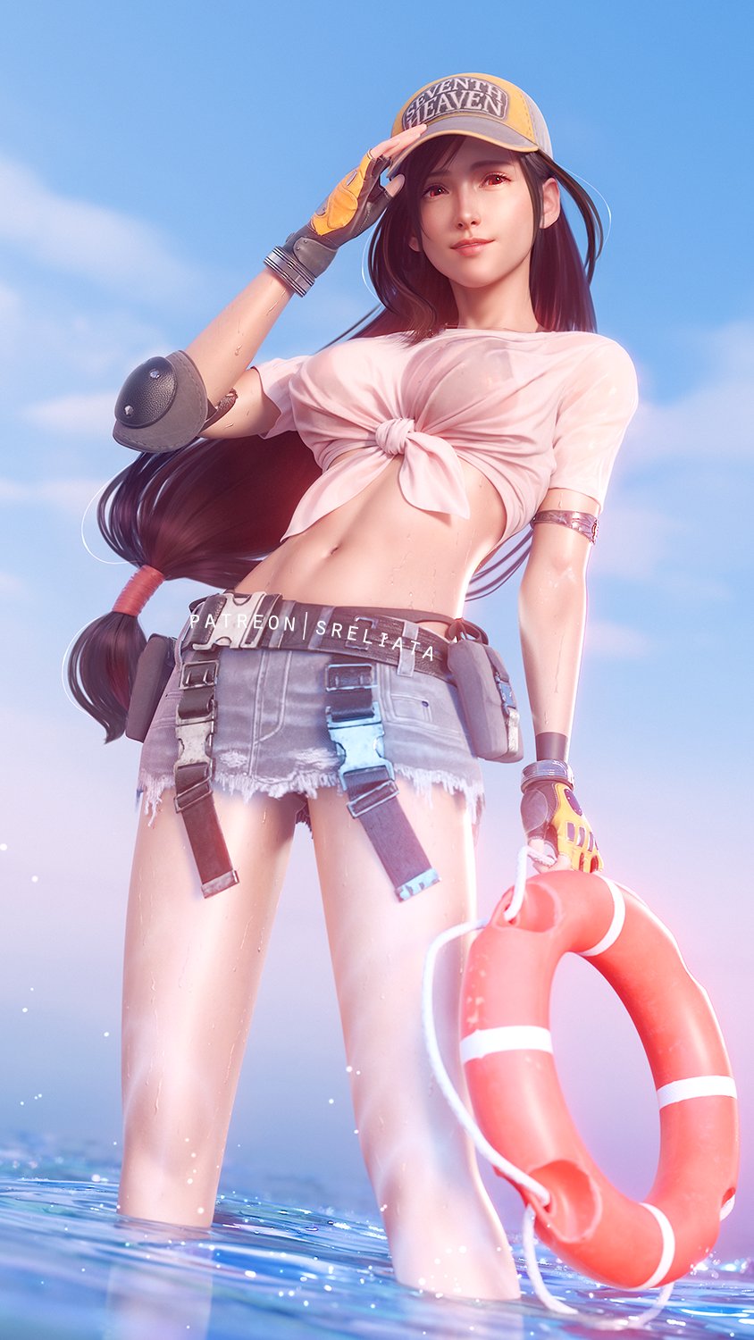 1girl, 3d, armband, baseball_cap, belt, black_hair, blue_sky, buckle