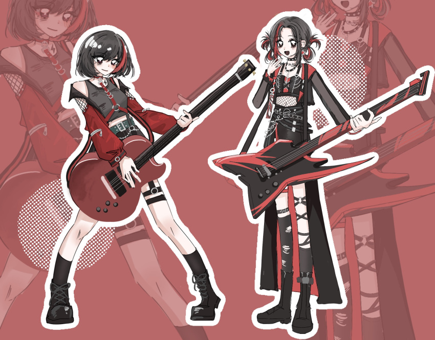 2girls, ankle_socks, asymmetrical_legwear, awuwuwu, bang_dream!, bare_shoulders, bass_guitar, belt, belt_buckle, black_boots, black_coat, black_hair, black_skirt, black_socks, boots, brown_eyes, buckle, closed_mouth, coat, collared_jacket, counterflow_concerto_(infinity_nikki), crossed_belts, crossover, dot_nose, earrings, electric_guitar, fishnets, full_body, grey_belt, grey_tank_top, guitar, hair_rings, halftone, hand_up, happy, high-waist_skirt, high_heel_boots, high_heels, highres, infinity_nikki, instrument, jacket, jewelry, kneehighs, knees, lace-up_boots, light_blush, long_sleeves, looking_at_viewer, midriff, miniskirt, mitake_ran, multicolored_hair, multiple_belts, multiple_girls, music, navel, nikki_(series), o-ring, o-ring_thigh_strap, open_clothes, open_jacket, outline, over-kneehighs, playing_guitar, playing_instrument, puffy_long_sleeves, puffy_sleeves, punk, red_background, red_coat, red_hair, red_jacket, short_hair, single_kneehigh, single_over-kneehigh, single_sock, single_thighhigh, skirt, smile, socks, standing, streaked_hair, studded_belt, tank_top, thigh-highs, thigh_strap, torn_clothes, torn_socks, two-sided_coat, two-sided_fabric, two-tone_hair, white_outline, zoom_layer