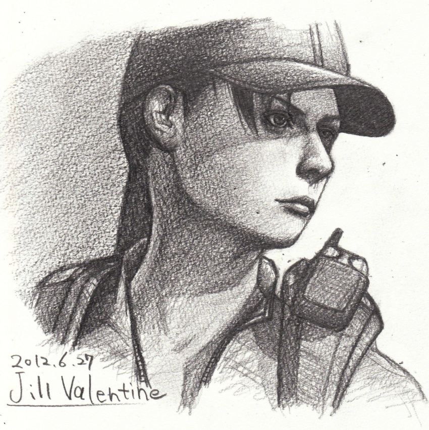 1girl, 2012, dated, graphite_(medium), greyscale, hat, highres, jill_valentine