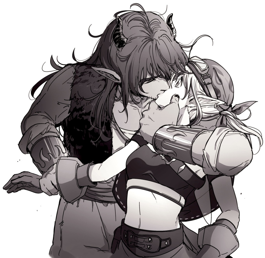 1boy, 1girl, bandana, bracer, collarbone, commentary_request, couple, cowboy_shot, crop_top, demon_boy, dragon_quest, dragon_quest_x, earrings, elf_(dq10), facial_hair, fairy_wings, fur_vest, gloves, goggles, goggles_on_headwear, grabbing_from_behind, greyscale, hand_on_another's_chin, hand_on_another's_wrist, height_difference, hetero, highres, hoop_earrings, horns, jewelry, kiss, linea_alba, long_hair, midriff, monochrome, muscular, muscular_male, nanamono_0414, navel, oc_x_canon, pants, pointy_ears, ponytail, sash, stubble, surprise_kiss, surprised, upper_body, wings, yushuka_(dragon_quest)
