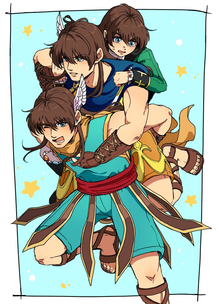3boys, ancestor_and_descendant, aqua_eyes, aqua_shirt, aqua_shorts, ashlay_(dq10), azir_(dq10), blue_background, blue_capelet, border, brothers, brown_gloves, brown_hair, capelet, carrying, carrying_person, child, dragon_quest, dragon_quest_x, fake_head_wings, fingerless_gloves, gloves, green_jacket, head_wings, jacket, jewelry, leone_(dq10), long_hair, male_focus, mirror_twins, multiple_boys, muscular, muscular_male, nanamono_0414, necklace, one_eye_closed, open_mouth, orange_scarf, orange_tunic, piggyback, sandals, scarf, shirt, shorts, siblings, single_head_wing, star_(symbol), sweatdrop, tunic, twins, white_border, wings