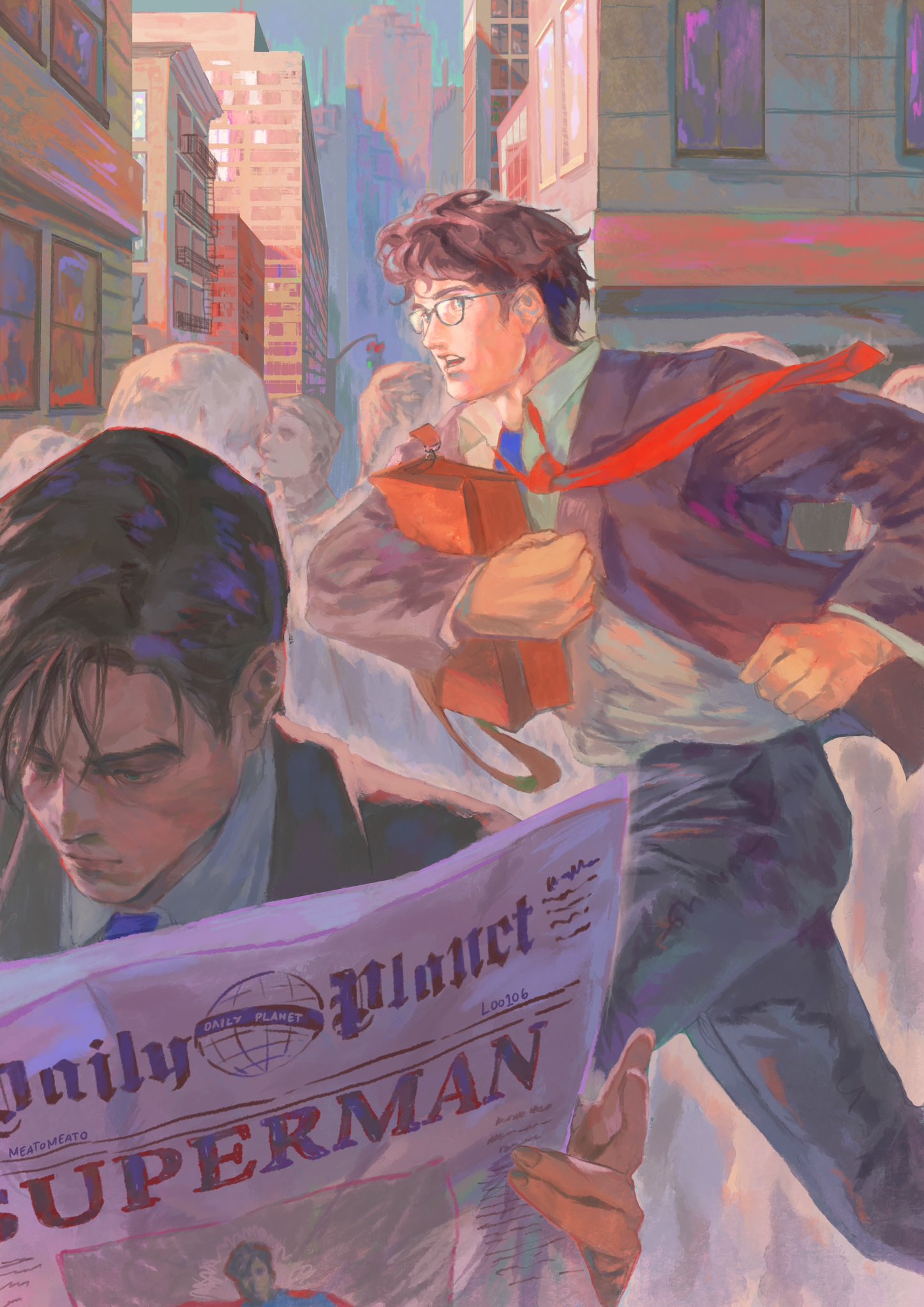 2boys, bag, batman_(series), black-framed_eyewear, black_hair, black_pants, black_suit, blue_eyes, blue_necktie, blue_shirt, brown_bag, bruce_wayne, building, cityscape, clark_kent, commentary, dc_comics, glasses, hashtag-only_commentary, highres, holding, holding_bag, holding_newspaper, jacket, layered_sleeves, long_sleeves, male_focus, meatomeato, multiple_boys, necktie, newspaper, open_clothes, open_collar, open_jacket, open_mouth, outdoors, pants, parted_hair, people, reading, red_necktie, running, shirt, short_hair, sideburns, suit, suit_jacket, superman_(series), teeth, traffic_light, upper_teeth_only, white_shirt, wing_collar