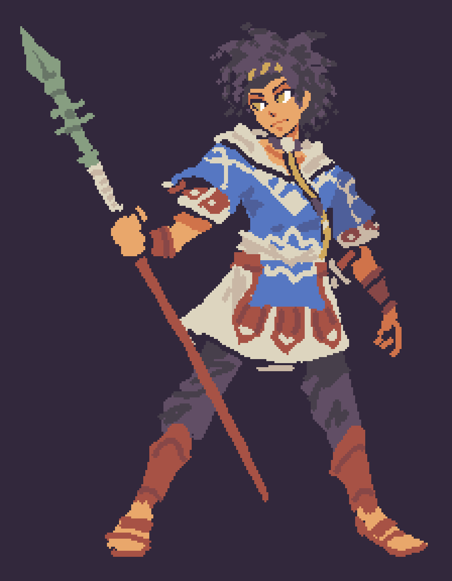1boy, blue_hair, blue_hoodie, cai_(fire_emblem), dark-skinned_male, dark_skin, fire_emblem, fire_emblem:_fortune's_weave, holding, holding_polearm, holding_weapon, hood, hood_down, hoodie, male_focus, polearm, solo, sprite, two-tone_hoodie, weapon, white_hoodie, x0_000, yellow_eyes
