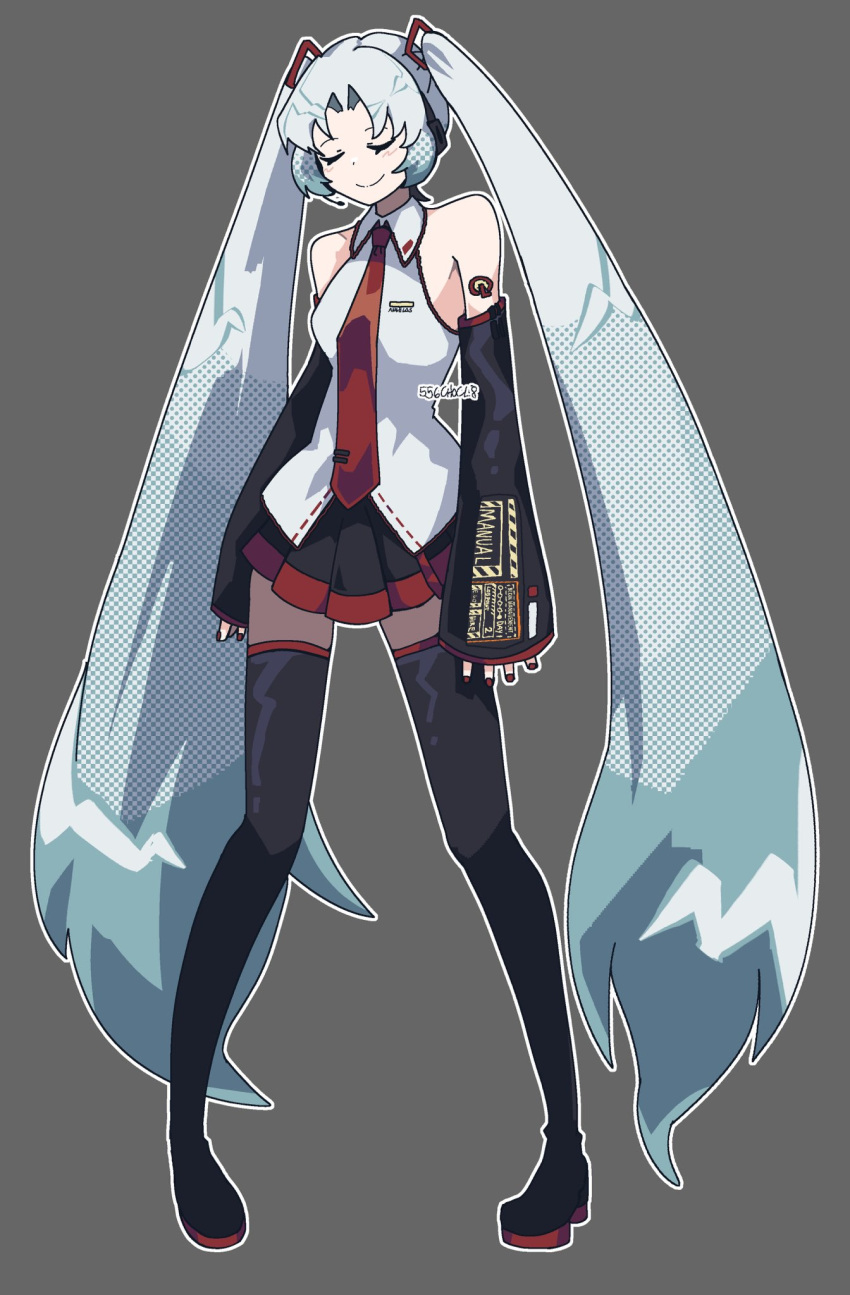 1girl, angela_(project_moon), bare_shoulders, black_skirt, black_sleeves, black_thighhighs, blue_hair, closed_eyes, closed_mouth, collared_shirt, cosplay, detached_sleeves, full_body, grey_background, hatsune_miku, hatsune_miku_(cosplay), highres, kotori_trinity, lobotomy_corporation, long_hair, long_sleeves, looking_at_viewer, necktie, parted_bangs, project_moon, red_nails, red_necktie, shirt, simple_background, skirt, sleeveless, sleeveless_shirt, solo, standing, thigh-highs, twintails, vocaloid, white_shirt