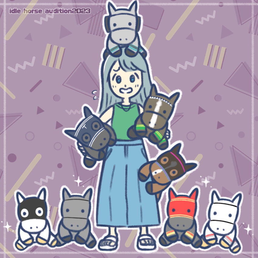 1girl, blue_eyes, blue_pants, commentary_request, crazy_keiba_lady_(jra), green_tank_top, grey_hair, highres, holding, holding_stuffed_toy, japan_racing_association, nekokoneko000, pants, sandals, simple_background, smile, solo, stuffed_animal, stuffed_horse, stuffed_toy, stuffed_toy_on_head, tank_top