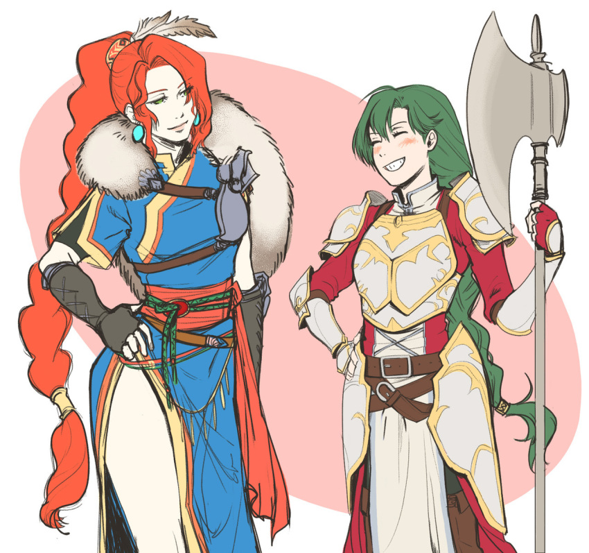 2girls, armor, closed_eyes, commentary, cosplay, costume_switch, earrings, english_commentary