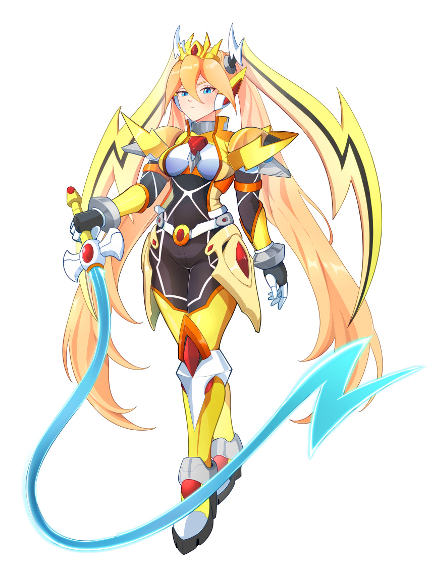 1girl, absurdres, armor, armored_boots, armored_gloves, belt, biometal, blonde_hair