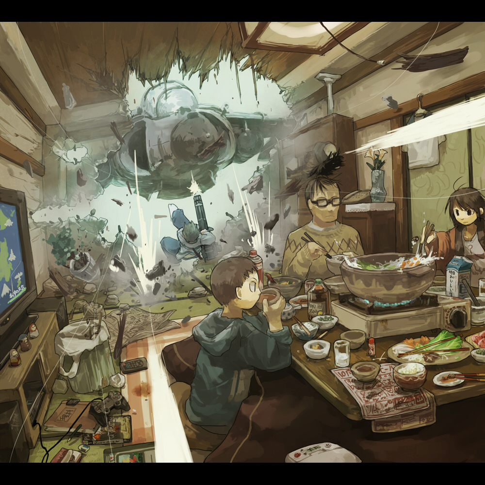 bowl, brown_hair, chopsticks, controller, eating, family, flower, food