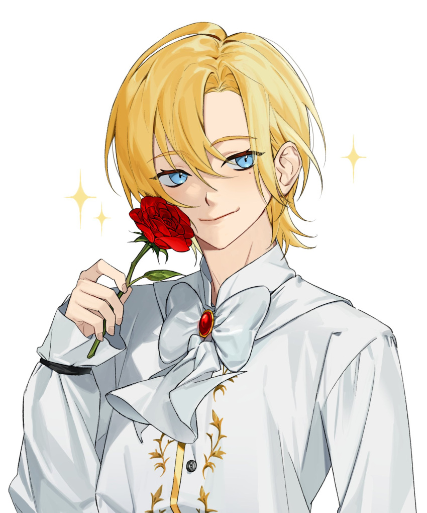 1boy, 9umaking, blonde_hair, blue_eyes, bow, commentary_request, flower, highres