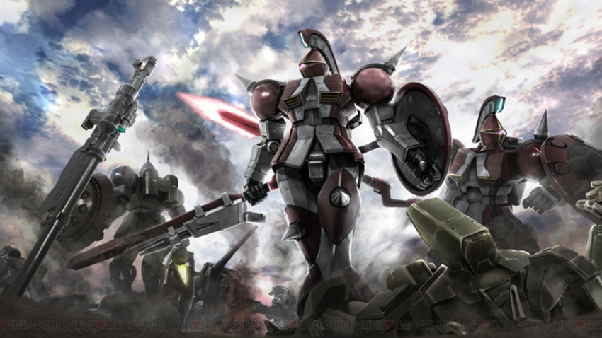 after_battle, bayonet, beam_rifle, clouds, cloudy_sky, damaged, dengeki_online, earth_federation, energy_beam, energy_blade, energy_gun, gundam, gundam_msv, gyan, gyan_eos, jegan, lance, machinery, mecha, mecha_focus, missile_pod, mobile_suit, neo_zeon, no_humans, official_art, one-eyed, painting_(medium), polearm, promotional_art, realistic, robot, scan, science_fiction, shield, sky, smoke, tenjin_hidetaka, traditional_media, weapon, wreckage
