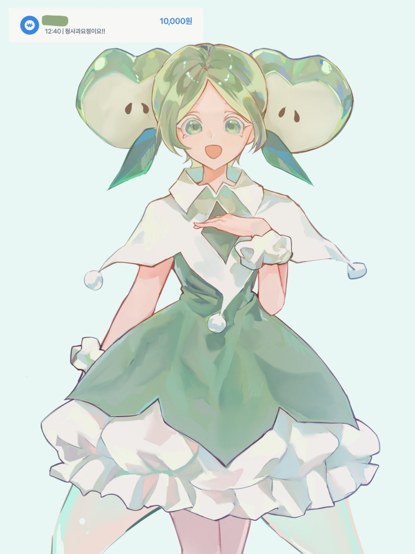 1girl, apple_faerie_cookie, apple_hair_ornament, asymmetrical_eyelashes, candy_apple_cookie, colored_skin, cookie_run, cookie_run:_kingdom