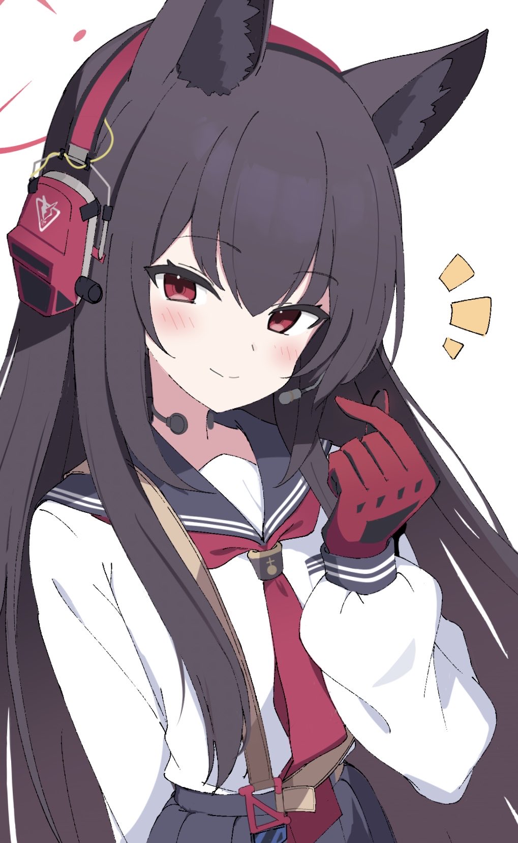 1girl, animal_ears, black_gloves, blue_archive, brown_hair, double_finger_heart, finger_heart, fox_ears