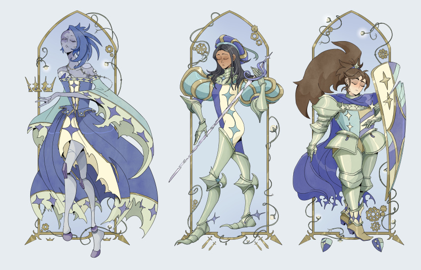 3girls, absurdres, andrea_(knights_of_guinevere), armor, cape, crown, dress, faithschaffer, francesca_(knights_of_guinevere), highres, holding, holding_shield, humanoid_robot, knights_of_guinevere, multiple_girls, official_art, ponytail, princess_guinevere, robot, robot_girl, shield, standing, sword, weapon