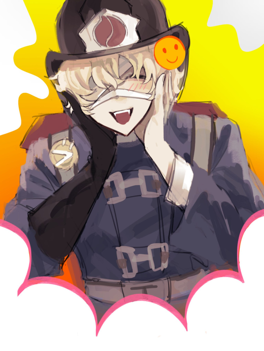 1boy, :d, baiyu_whiteyu, bandage_over_one_eye, bandaged_head, bandages, black_gloves, blonde_hair