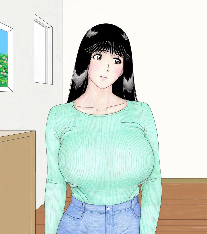 1girl, black_hair, breasts, brown_eyes, denim, drawer, flower, green_shirt