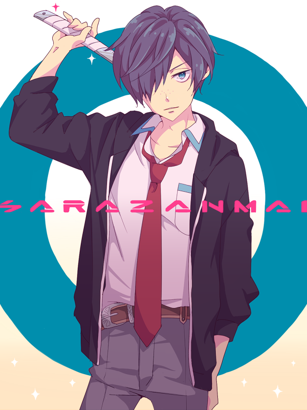 1boy, arm_at_side, arm_up, black_jacket, blue_eyes, cocchi, copyright_name, freckles