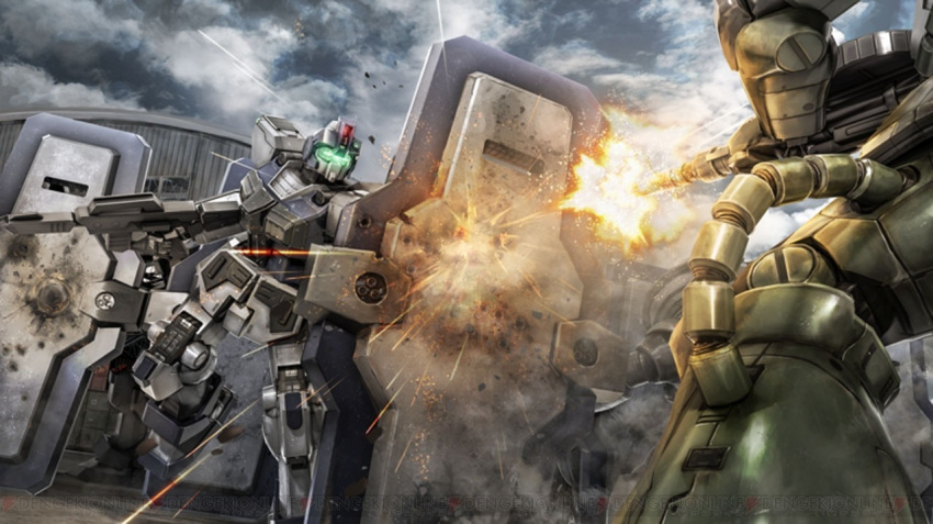 battle, beam_rifle, cable, clouds, cloudy_sky, damaged, debris, dirty