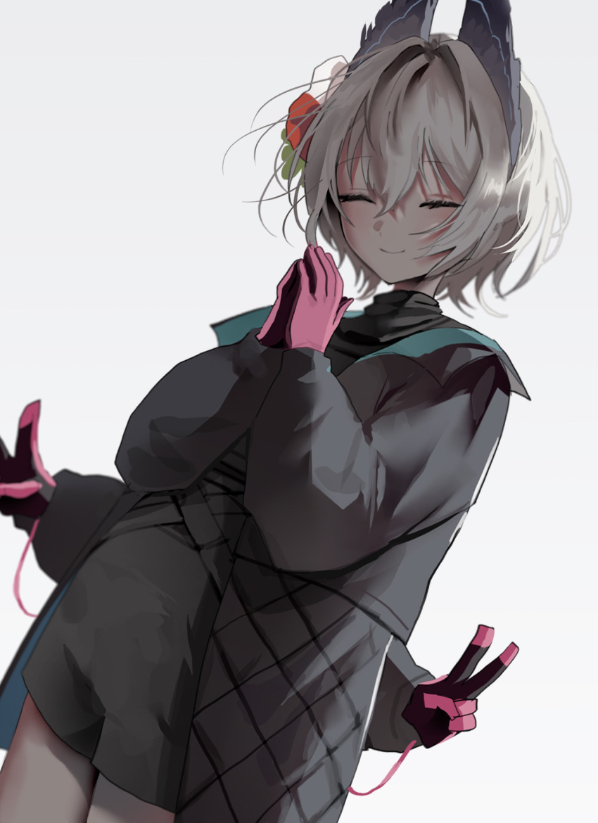 1girl, ^_^, arknights, black_gloves, black_jacket, closed_eyes, closed_mouth, cowboy_shot
