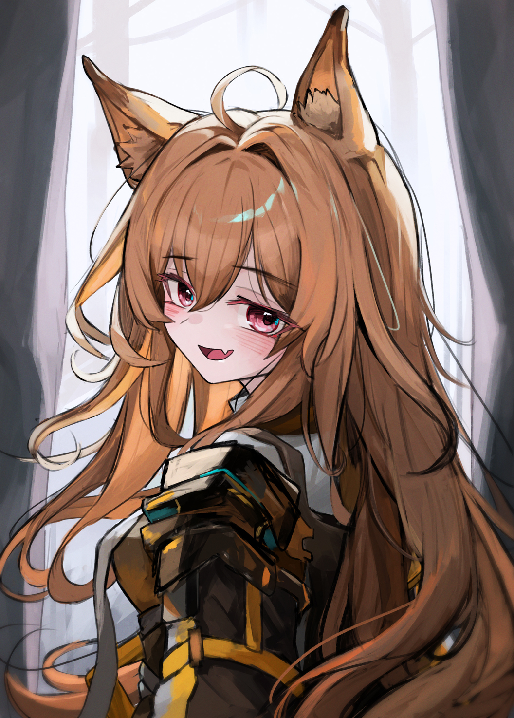 1girl, ahoge, animal_ear_fluff, animal_ears, arknights, black_jacket, blush, brown_hair