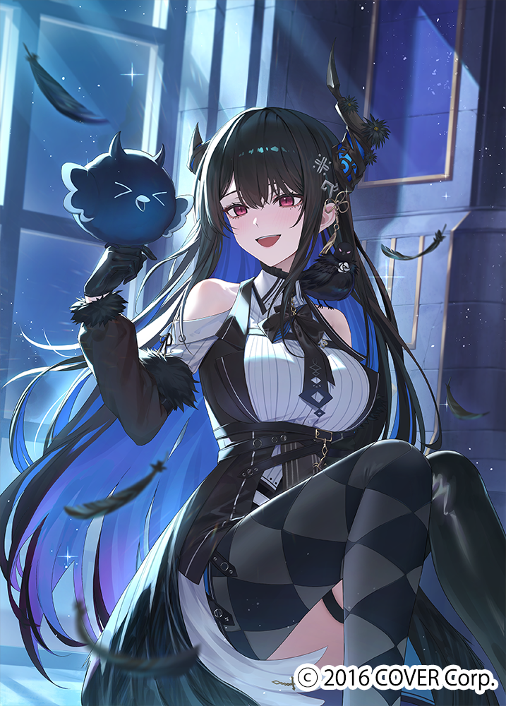 1girl, :d, argyle_clothes, argyle_pantyhose, asymmetrical_horns, bird, bird_on_hand, black_feathers, black_gloves, black_hair, blue_hair, blurry, breasts, demon_horns, depth_of_field, dust_(mth), falling_feathers, feathers, gloves, hololive, hololive_english, horns, indoors, jailbird_(nerissa_ravencroft), large_breasts, light_particles, long_hair, mole, mole_under_eye, multicolored_hair, nerissa_ravencroft, nerissa_ravencroft_(1st_costume), night, night_sky, official_art, red_eyes, sitting, sky, smile, two-tone_hair, uneven_horns, very_long_hair, virtual_youtuber, window