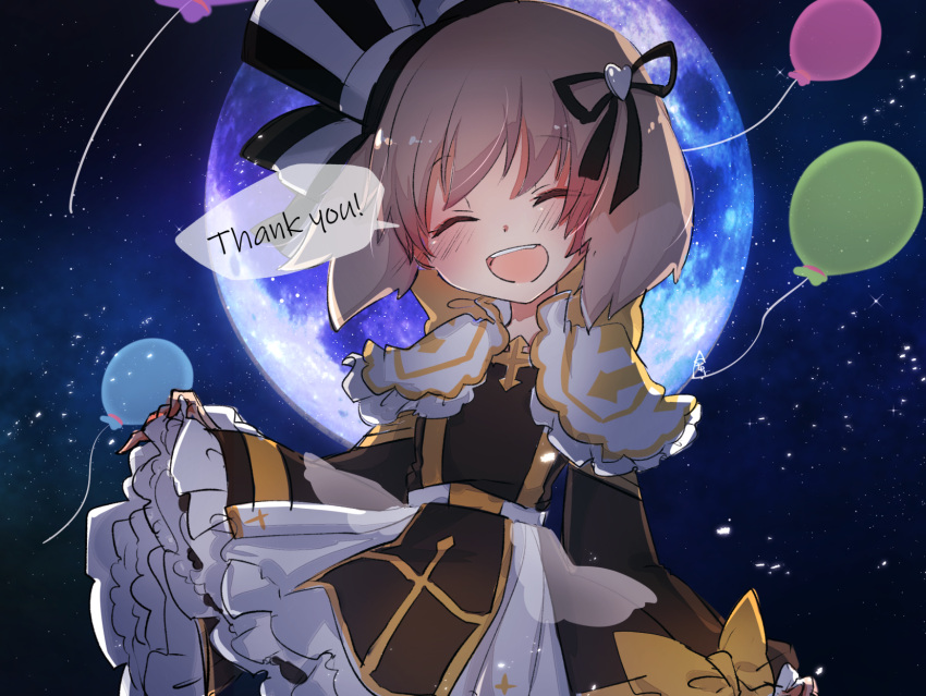 1girl, :d, arch_bishop_(ragnarok_online), asuta_(kinakomoti300), balloon, black_dress, black_hat, black_ribbon