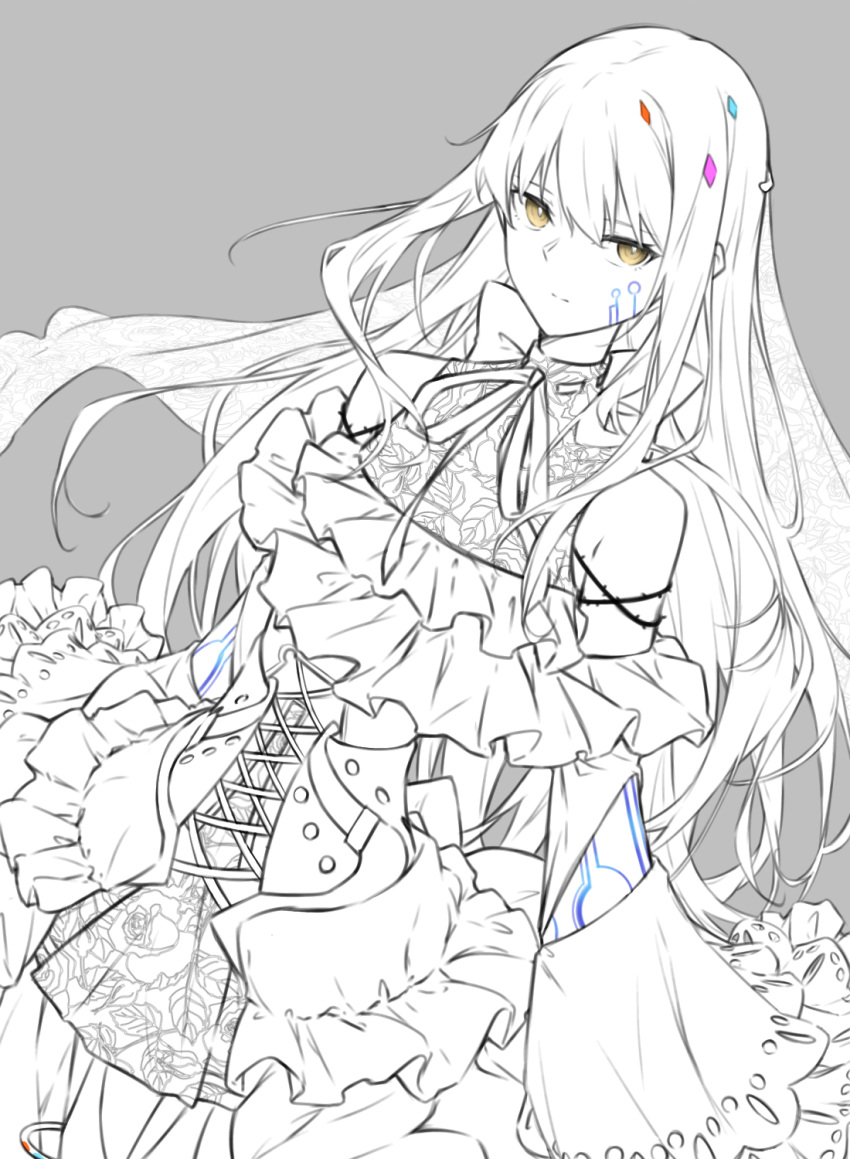 1girl, bang_dream!, clothing_cutout, commentary, dress, garter_straps, greyscale, hair_ornament