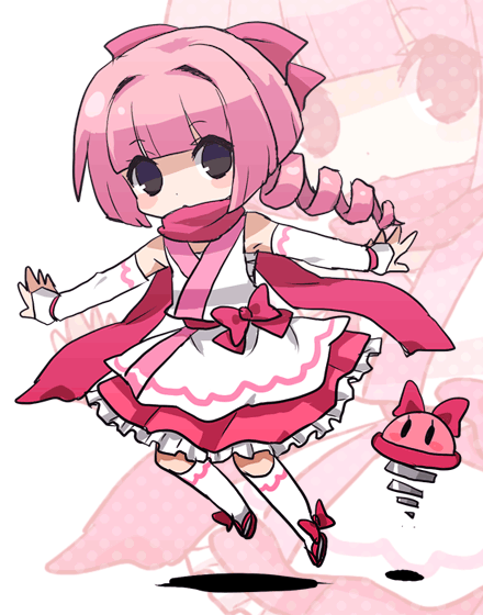 1girl, bouncy_(kirby), bow, brown_eyes, chibi, full_body, hone_(sky_cubes), japanese_clothes
