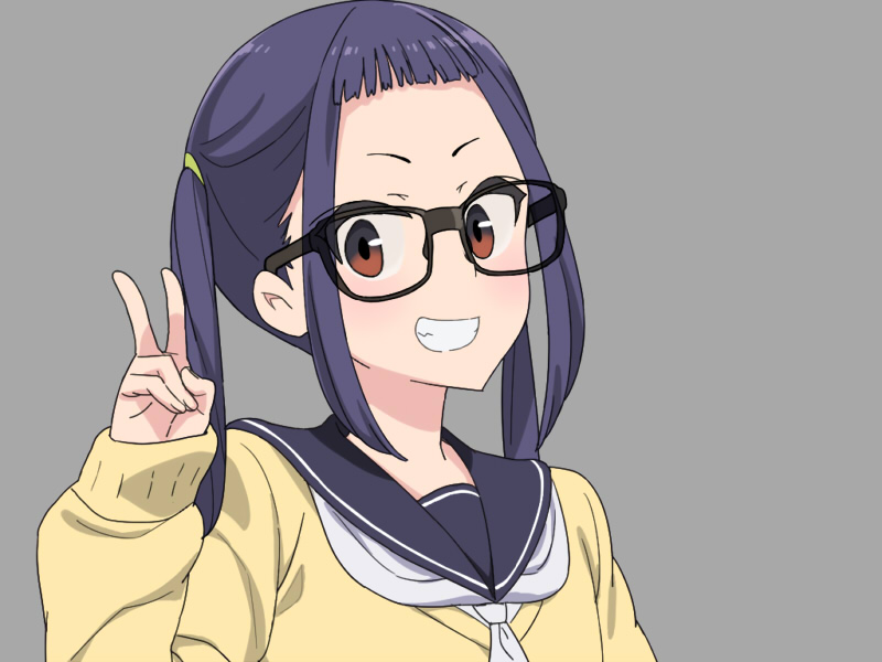 1girl, black_sailor_collar, blue_hair, brown_eyes, cardigan, commentary_request, glasses, grin