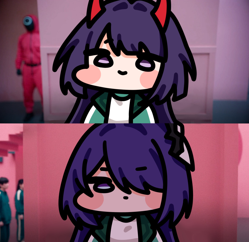 1girl, acheron_(honkai:_star_rail), acheron_(izumo)_(honkai:_star_rail), closed_mouth, hair_ornament, hair_over_one_eye, highres, honkai:_star_rail, honkai_(series), horns, light_smile, meme, mmiko, oni, purple_hair, red_horns, violet_eyes, year_1_&amp;_year_2_(squid_game)_(meme)