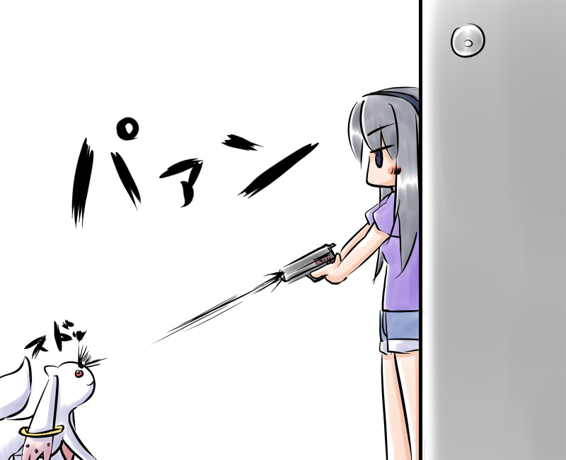 akemi_homura, aotori, black_hair, blush_stickers, comic, gun, kyubey, long_hair