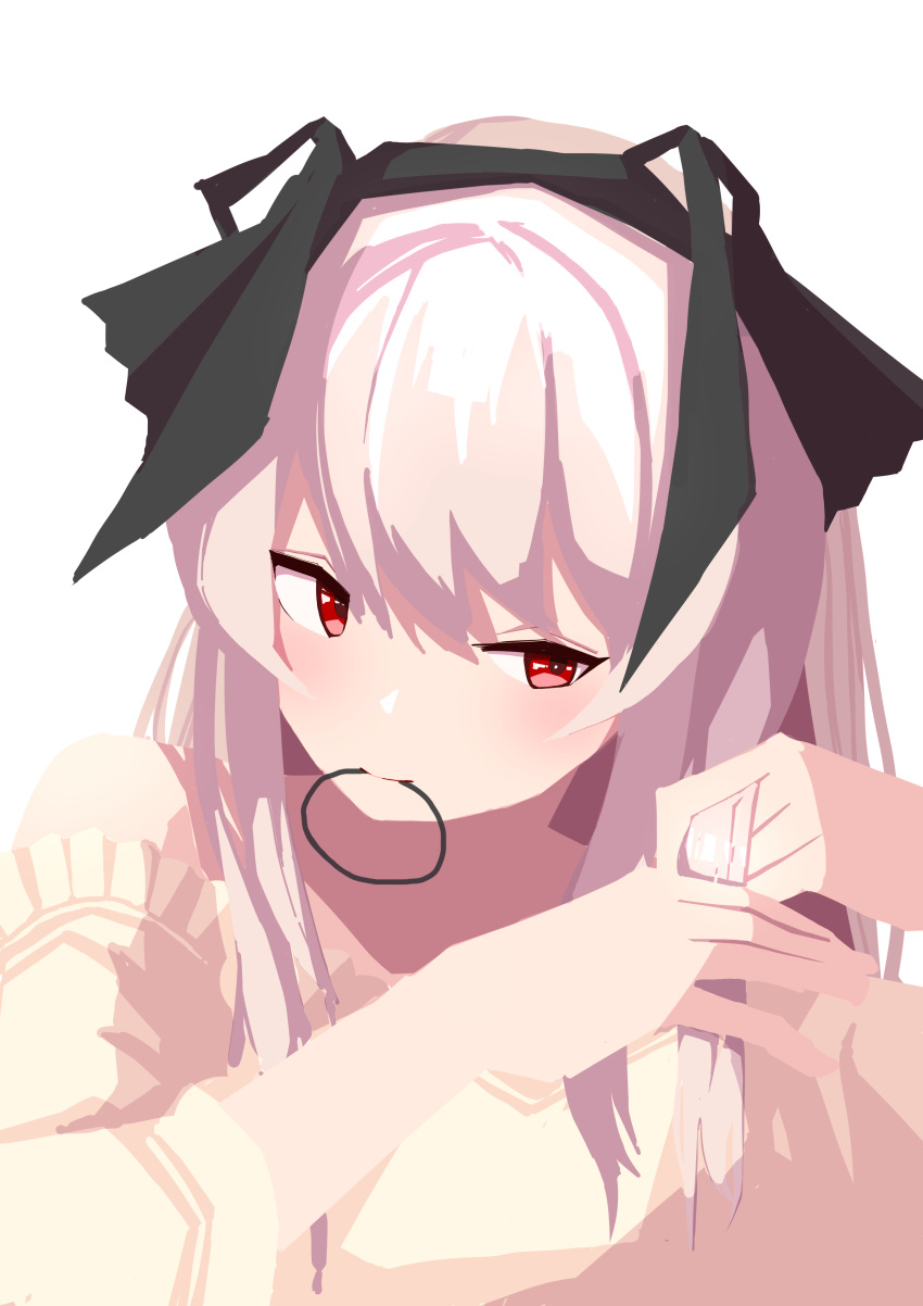 1girl, absurdres, arknights, bare_shoulders, between_fingers, hair_between_fingers, highres, holding, hrtk, long_hair, mouth_hold, red_eyes, simple_background, smile, solo, tying_hair, weedy_(arknights), white_hair