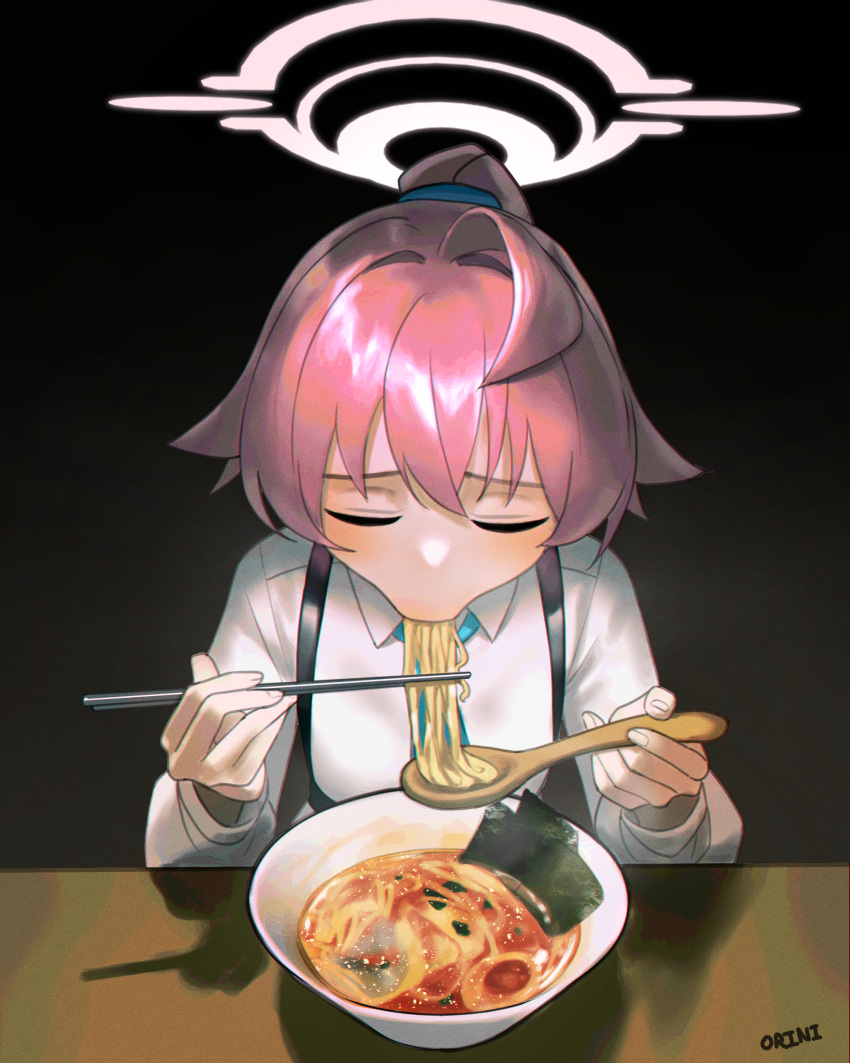 1girl, :>=, absurdres, ahoge, artist_name, black_background, blue_archive, bowl