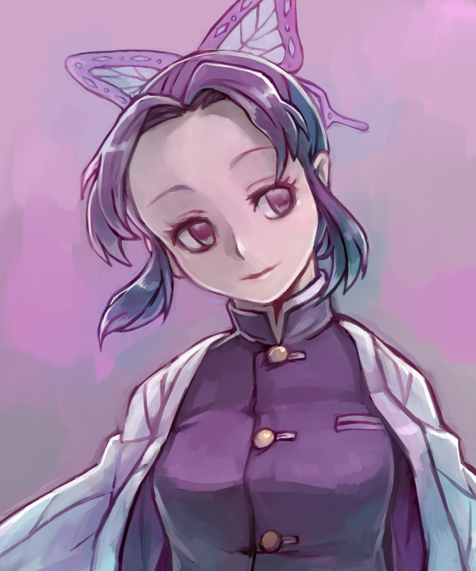 1girl, black_hair, butterfly_hair_ornament, buttons, closed_mouth, commentary_request, demon_slayer_uniform, eyelashes