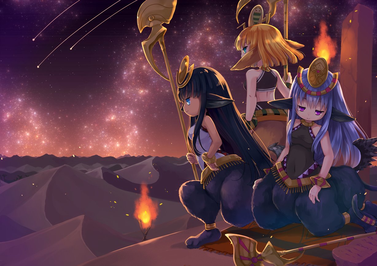 3girls, black_hair, black_shirt, blue_eyes, blue_hair, breasts, brown_tank_top, desert, emil_chronicle_online, hair_ornament, holding, holding_staff, iris_anemone, long_hair, medium_breasts, multiple_girls, night, night_sky, shirt, shooting_star, sky, sleeveless, sleeveless_shirt, sphinx, sphinx_(eco), staff, tank_top, torch, violet_eyes, white_shirt