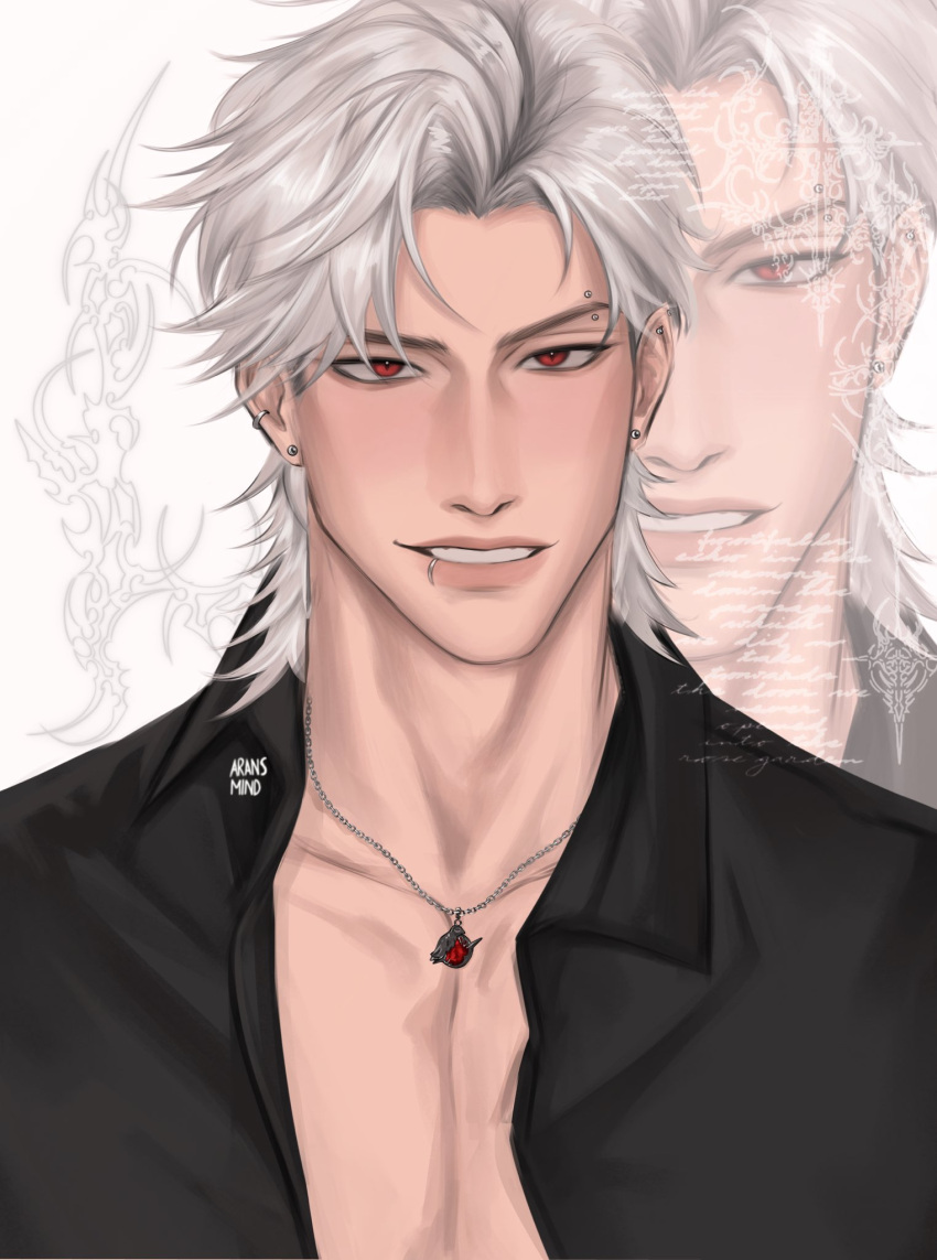 1boy, alternate_hairstyle, aransmind, artist_name, black_shirt, cyber_sigilism, eyebrow_piercing, face_piercing