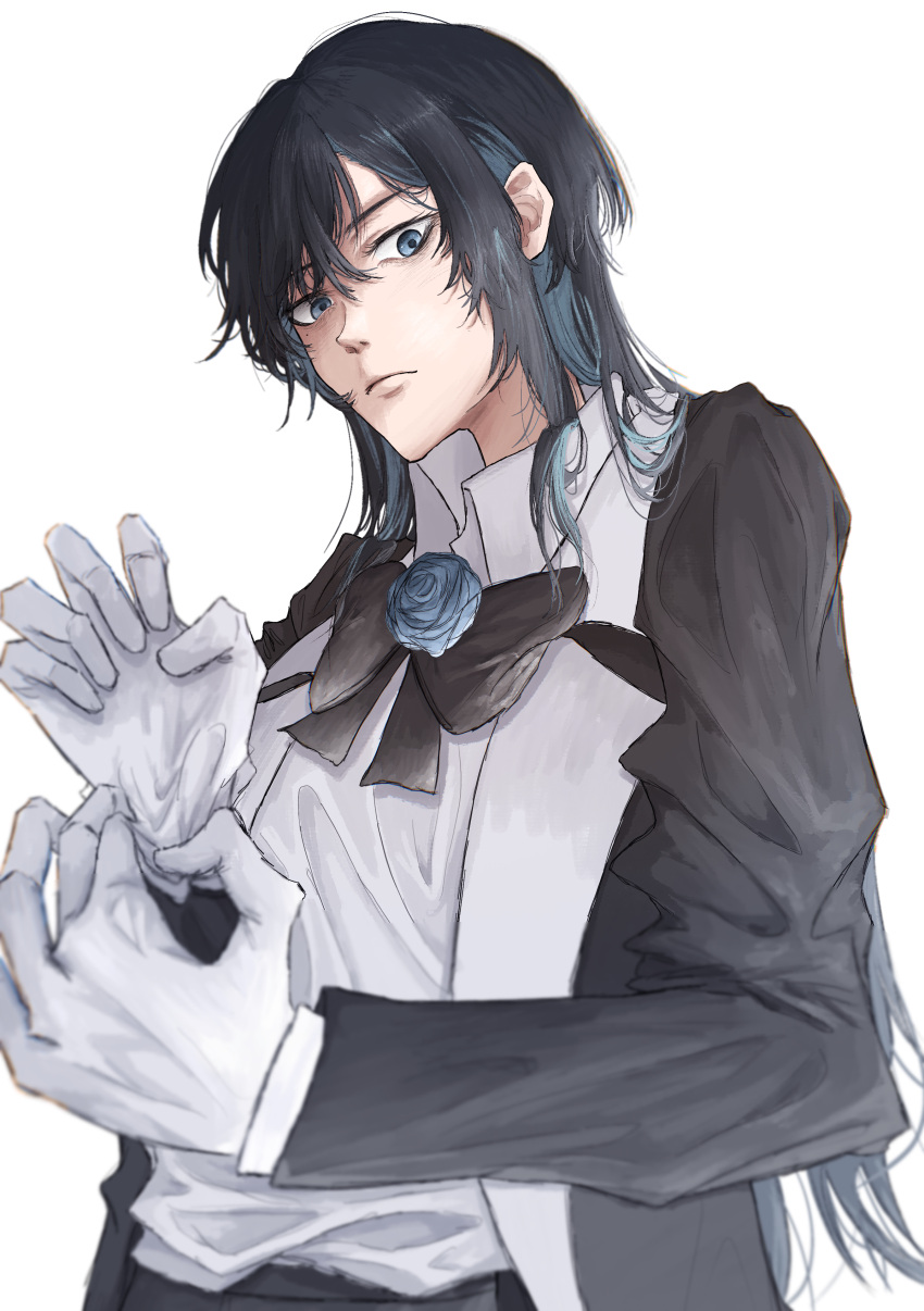 1girl, absurdres, ado_(utaite), black_bow, black_bowtie, black_coat, black_hair, blue_flower