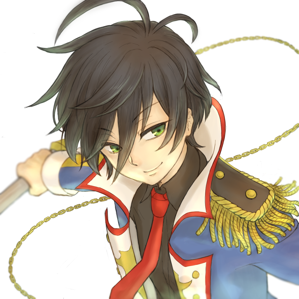 1boy, black_hair, black_shirt, blue_jacket, epaulettes, green_eyes, hair_between_eyes, holding