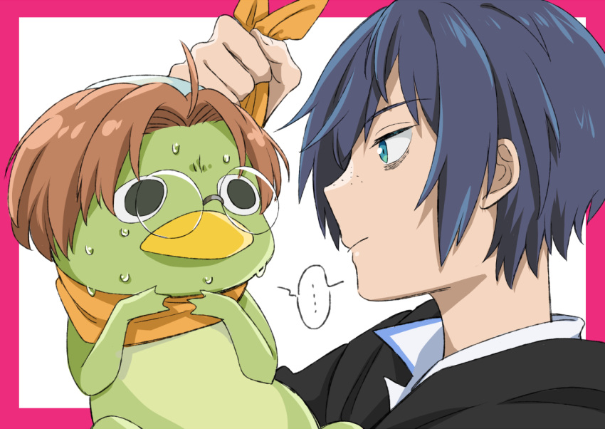 ..., 1boy, bags_under_eyes, bandana, blue_eyes, blue_hair, border, brown_hair, commentary_request, freckles, jinnai_enta, kappa, kuji_toi, lindtgasuki, male_focus, orange_bandana, pink_border, round_eyewear, sarazanmai, shared_speech_bubble, short_hair, speech_bubble, spoken_ellipsis