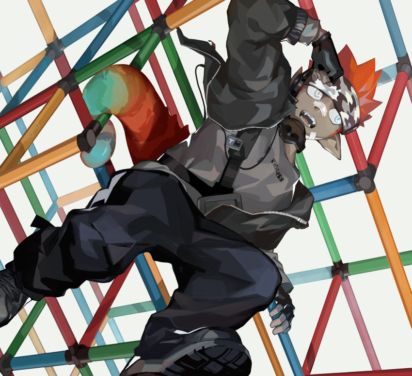 1boy, arknights, black_jacket, black_pants, camouflage, commentary_request, ethan_(arknights), grey_shirt