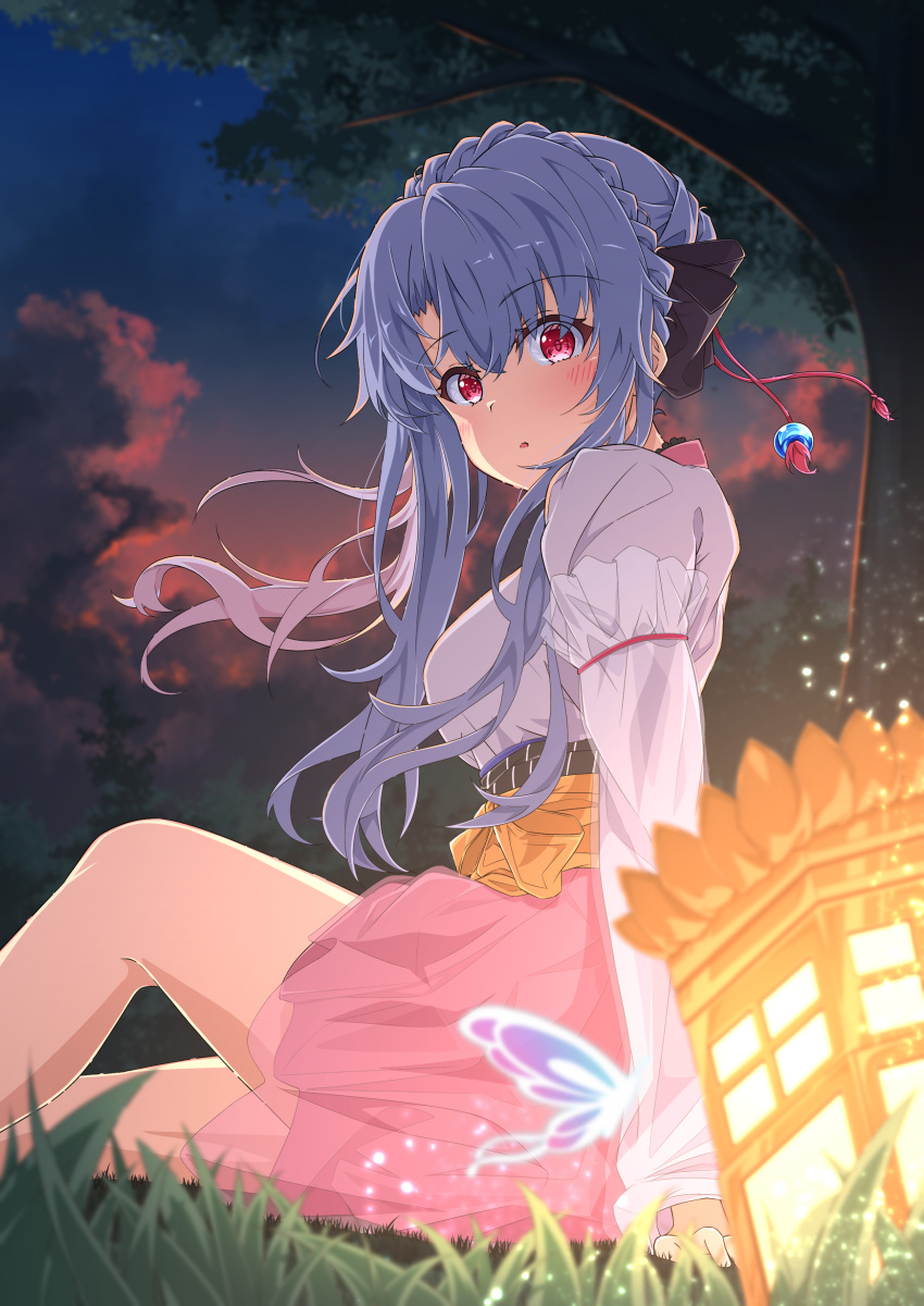 1girl, :o, absurdres, arm_at_side, black_bow, blue_butterfly, blurry, blush
