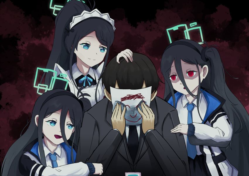 1boy, 3girls, absurdres, age_comparison, apron, aqua_eyes, aqua_halo, aris_(blue_archive)