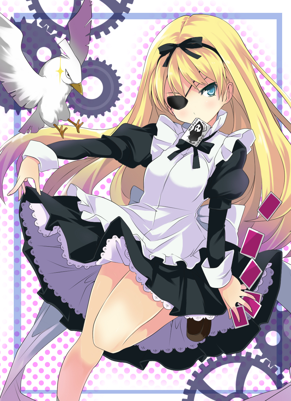 1girl, alicesoft, bare_legs, bird, blonde_hair, blue_eyes, card, cards, eyepatch, gears, gintarou_(kurousagi108), highres, long_hair, mouth_hold, outstretched_arm, playing_card, rance_(series), sengoku_rance, slip_skirt, yami_alice